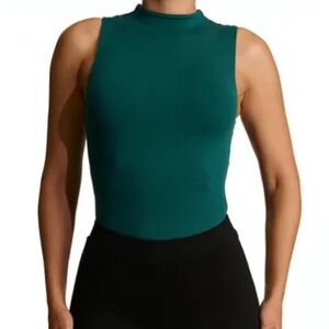 Good American Dark Green/Teal Seamless Ribbed Mock Neck Sleeveless Bodysuit